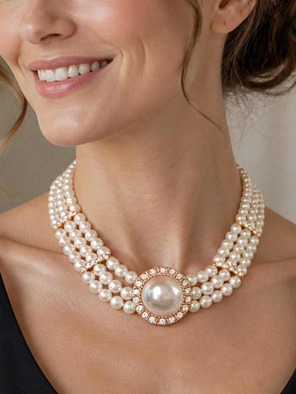 Vintage Multi Strand Pearl and Crystal Gold Tone Choker Necklace & Enhancer